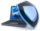 Laptop with a globe on the screen partially covered by a large, glossy blue shield. Represents cybersecurity.